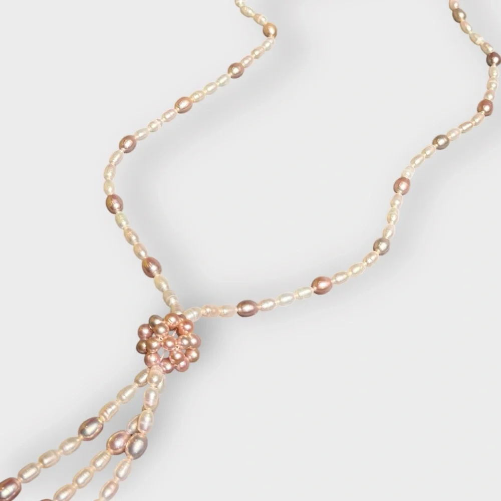 Vintage Pink & Cream Freshwater Pearl, Beaded Dangle Necklace - Picture 5 of 6